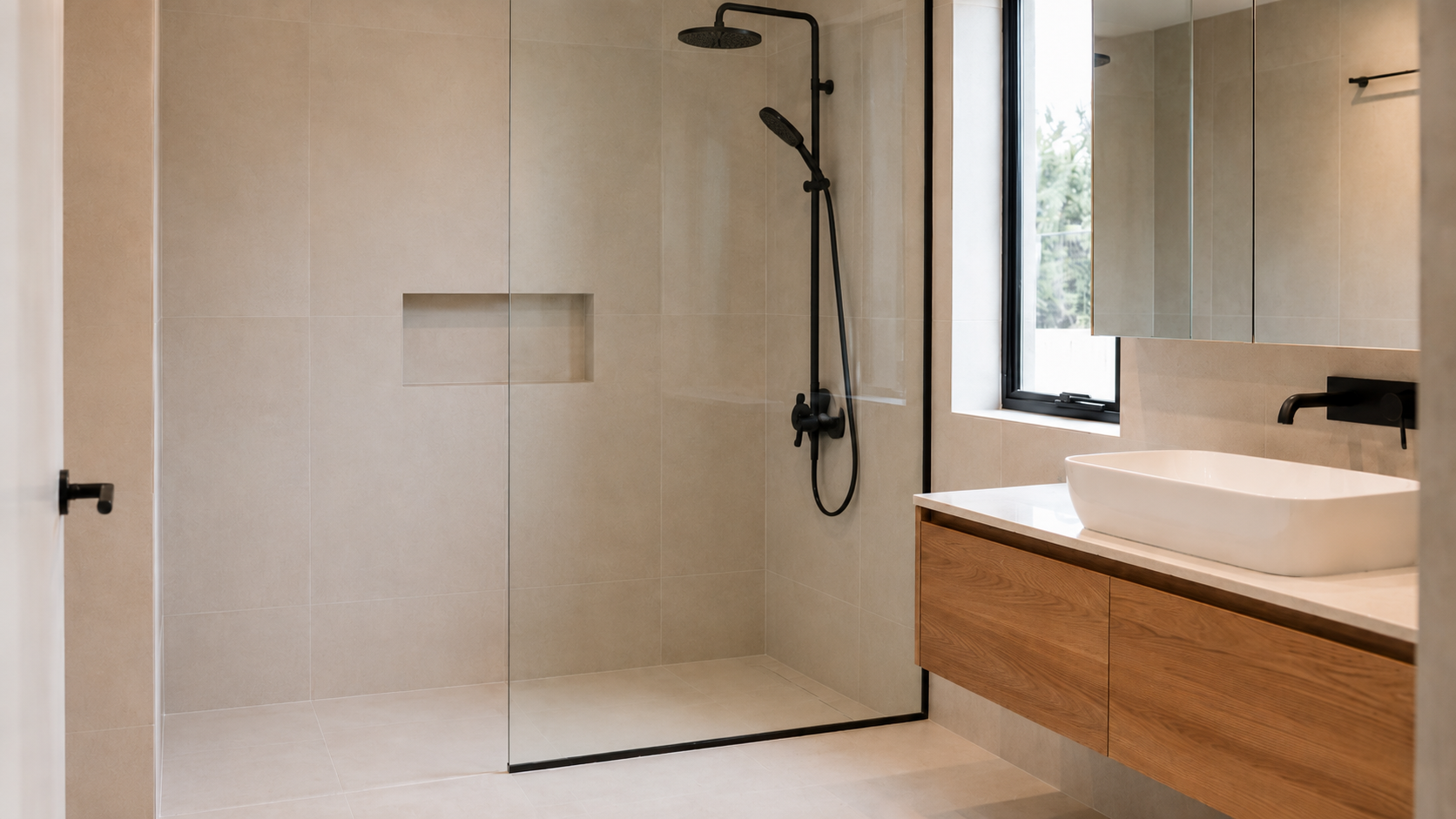 Bathroom after builders clean — spotless tiles, polished glass and gleaming fixtures