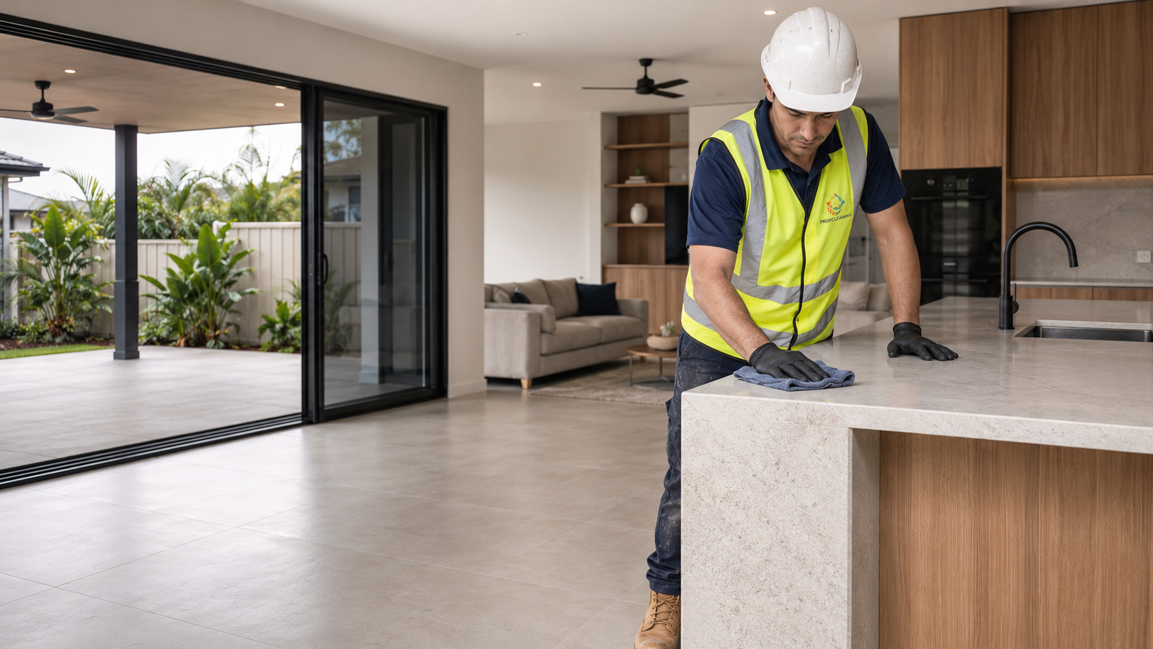 Profcleaning Solutions technician cleaning a kitchen benchtop in a newly built Brisbane home